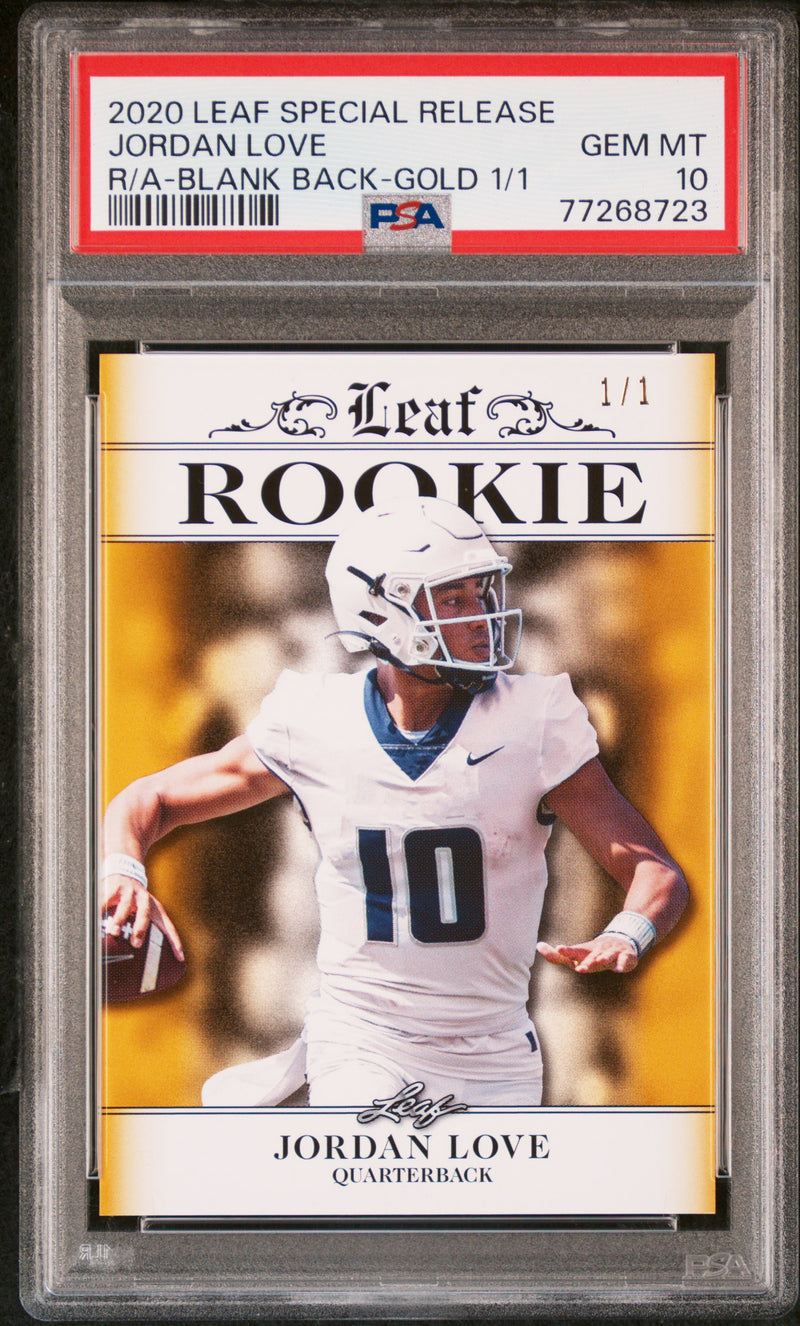 Jordan Love Rookie Card Green Bay PSA GEM-MT 10 (Gem Mint) Football Trading Card 2020 Leaf Exclusive #3 Gold Blank Back 1/1