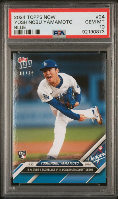 PSA 10 Yoshinobu Yamamoto 2024 Topps Now #24 Blue SP #44/99 Rookie Card