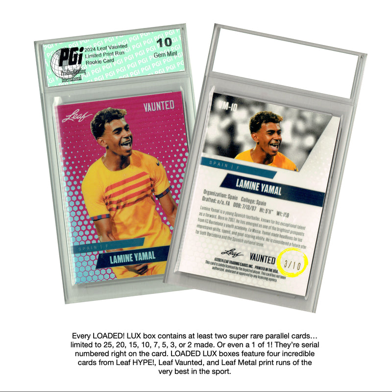 PGI 10 LOADED! LUX Soccer Limited Edition Collector's Box: 4 Leaf Rookie Cards & Rarities - Lamine Yamal, Lionel Messi, Pele, Cristiano Ronaldo and more