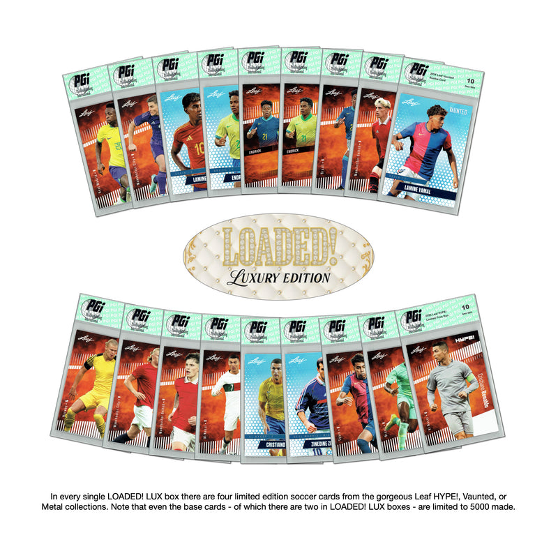 PGI 10 LOADED! LUX Soccer Limited Edition Collector's Box: 4 Leaf Rookie Cards & Rarities - Lamine Yamal, Lionel Messi, Pele, Cristiano Ronaldo and more