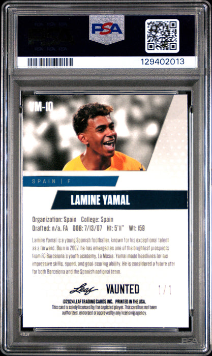 PSA 10 Lamine Yamal 2024 Leaf Vaunted Metal #VM-10 Gold Superprismatic 1/1 Rookie Card