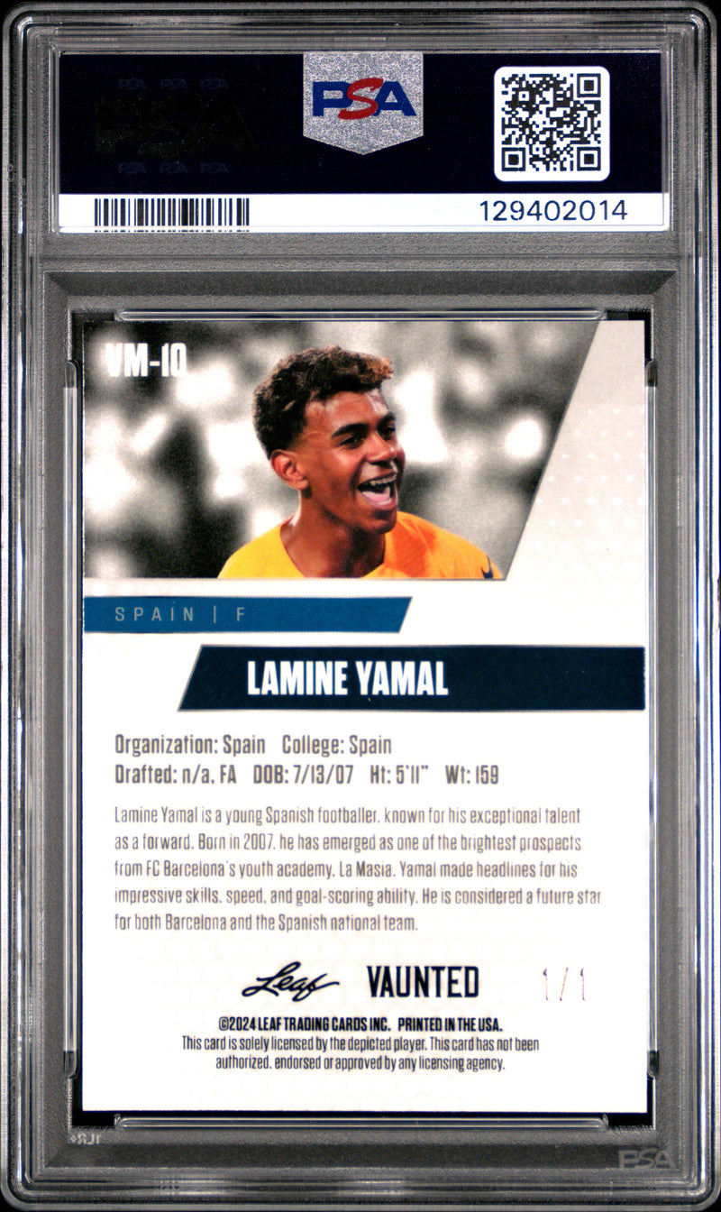 PSA 10 Lamine Yamal 2024 Leaf Vaunted Metal #VM-10 Black Superprismatic 1/1 Rookie Card Spain