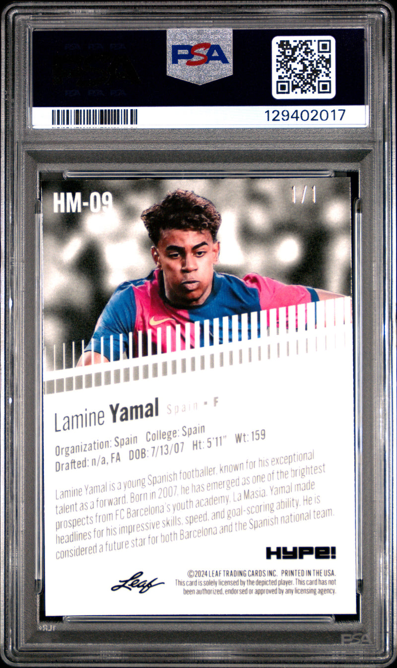PSA 10 Lamine Yamal 2024 Leaf HYPE! Metal #HM-09 Black Superprismatic 1/1 Rookie Card Barcelona