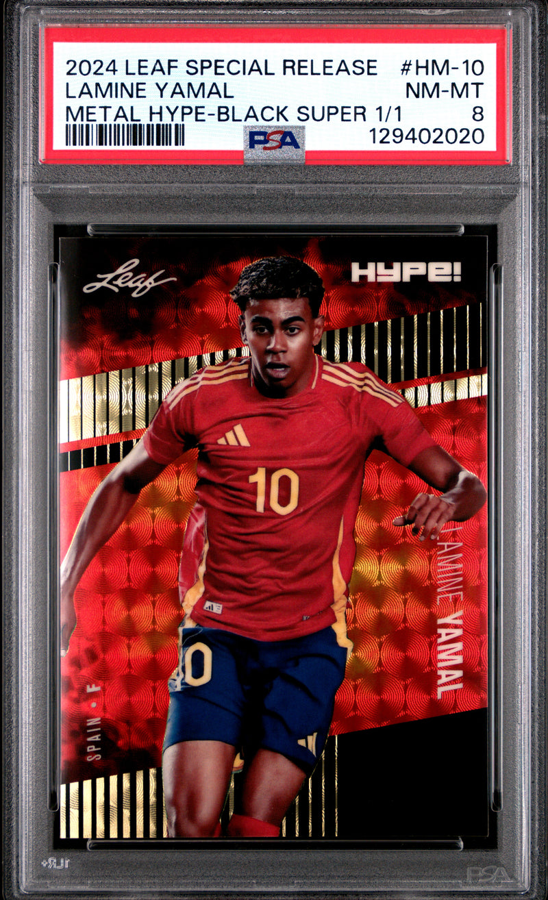 PSA 8 Lamine Yamal 2024 Leaf HYPE! Metal #HM-10 Black Superprismatic 1/1 Rookie Card Spain