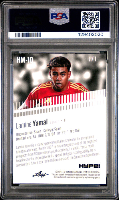 PSA 8 Lamine Yamal 2024 Leaf HYPE! Metal #HM-10 Black Superprismatic 1/1 Rookie Card