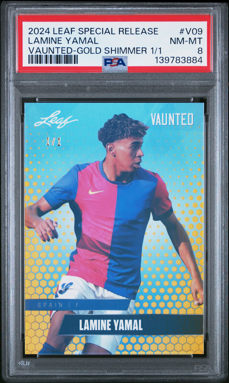 PSA 8 Lamine Yamal 2024 Leaf Vaunted #V-09 Gold Shimmer 1/1 Rookie Card Barcelona