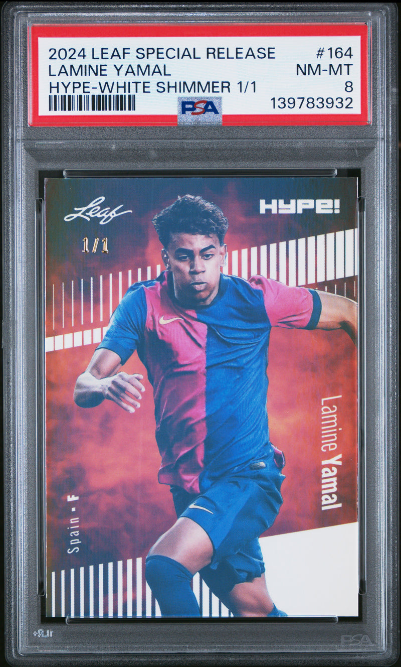 PSA 8 Lamine Yamal 2024 Leaf HYPE! #164 White Shimmer 1/1 Rookie Card Barcelona