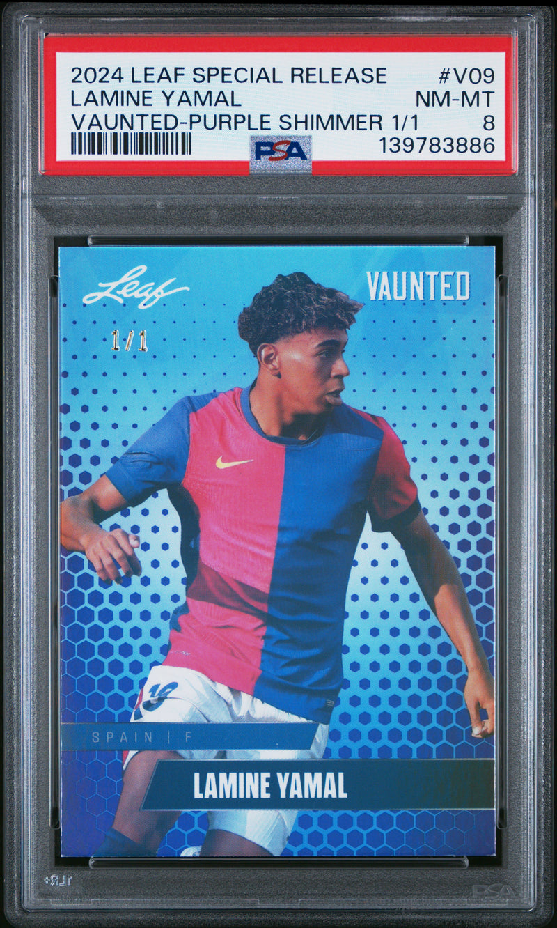PSA 8 Lamine Yamal 2024 Leaf Vaunted #V-09 Purple Shimmer 1/1 Rookie Card Barcelona