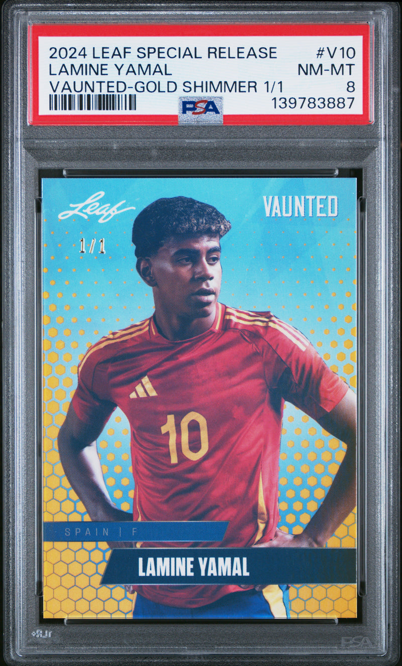 PSA 8 Lamine Yamal 2024 Leaf Vaunted #V-10 Gold Shimmer 1/1 Rookie Card Barcelona
