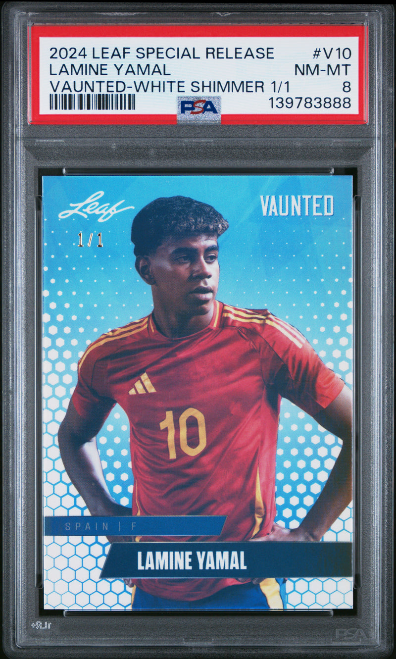 PSA 8 Lamine Yamal 2024 Leaf Vaunted #V-10 White Shimmer 1/1 Rookie Card Barcelona