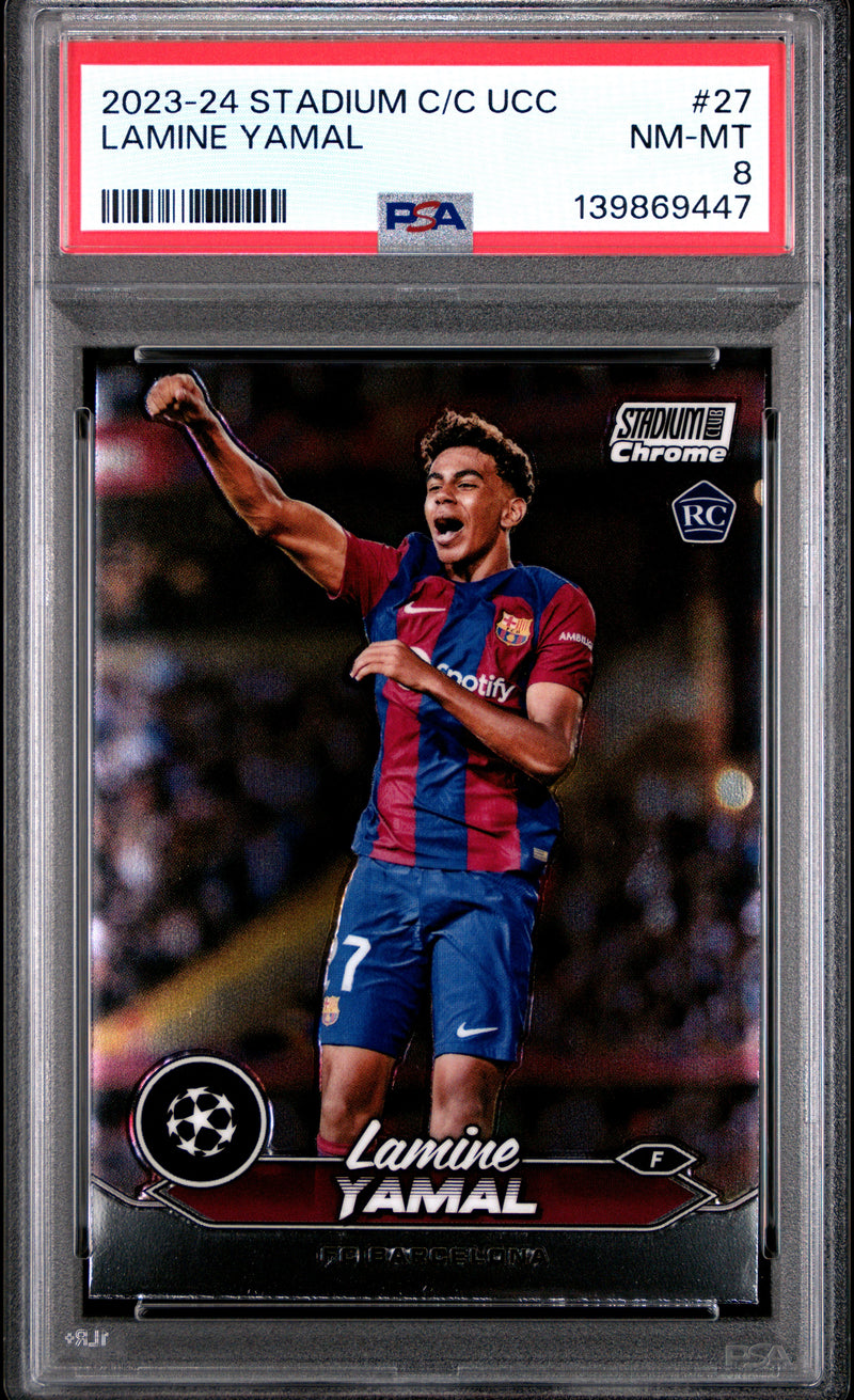 PSA 8 Lamine Yamal 2023-24 Topps Stadium Club Chrome #27 UEFA Club Competitions Rookie Card Barcelona