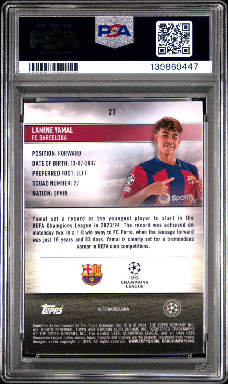 PSA 8 Lamine Yamal 2023-24 Topps Stadium Club Chrome #27 UEFA Club Competitions Rookie Card Barcelona