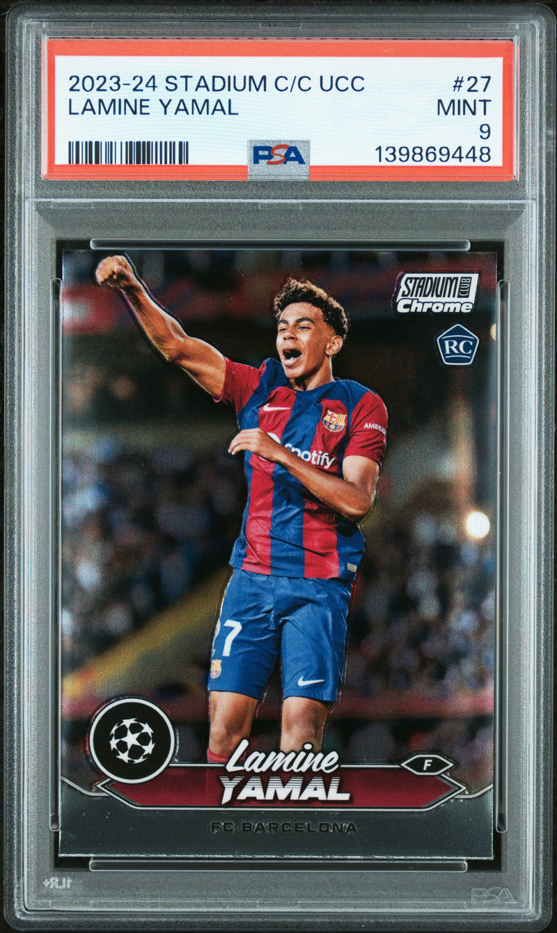 PSA 9 Lamine Yamal 2023-24 Topps Stadium Club Chrome #27 UEFA Club Competitions Rookie Card Barcelona