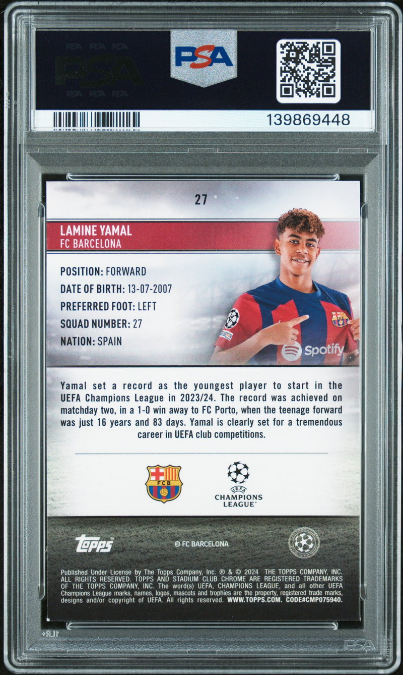 PSA 9 Lamine Yamal 2023-24 Topps Stadium Club Chrome #27 UEFA Club Competitions Rookie Card Barcelona