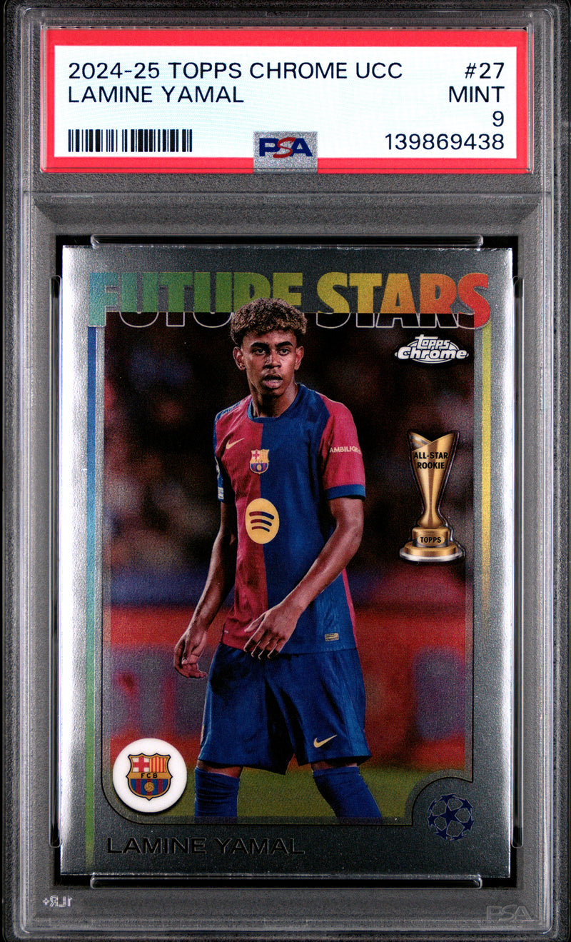 PSA 9 Lamine Yamal 2024-25 Topps Chrome #27 UEFA Club Competitions Rookie Card Barcelona