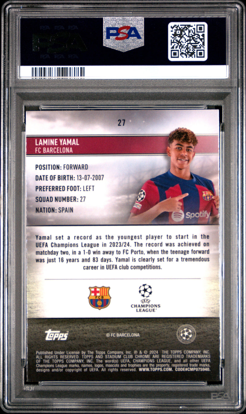 PSA 10 Lamine Yamal 2023-24 Topps Stadium Club Chrome #27 UEFA Club Competitions Rookie Card Barcelona