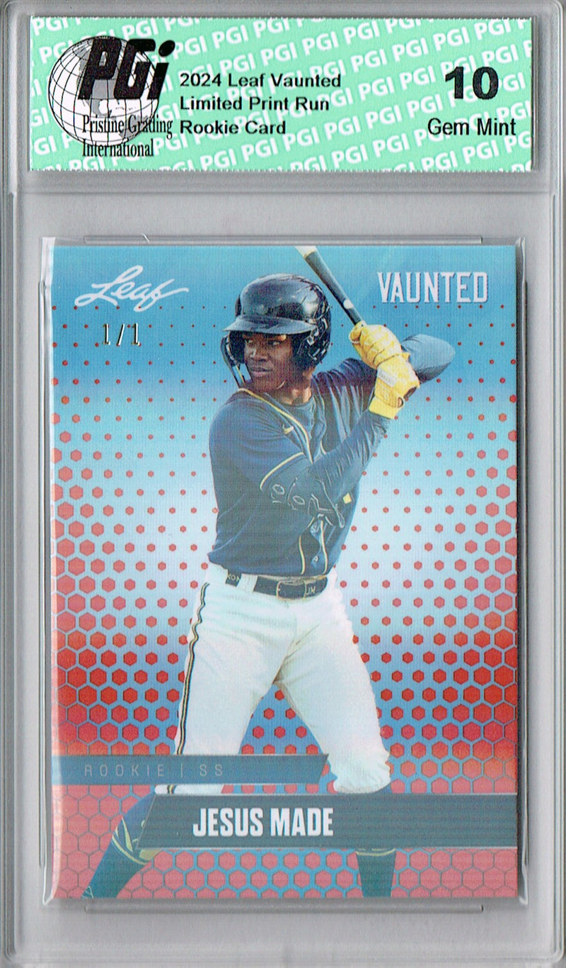 Jesus Made Rookie Card 2024 Leaf Vaunted #V-22 1/1 Orange Shimmer, PGI 10, Milwaukee Brewers Baseball