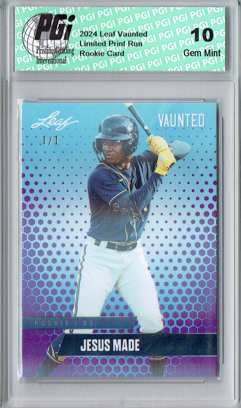 Jesus Made Rookie Card 2024 Leaf Vaunted #V-22 1/1 Purple Shimmer, PGI 10, Milwaukee Brewers Baseball