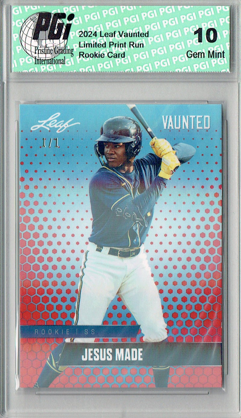 Jesus Made Rookie Card 2024 Leaf Vaunted #V-22 1/1 Red Shimmer, PGI 10, Milwaukee Brewers Baseball