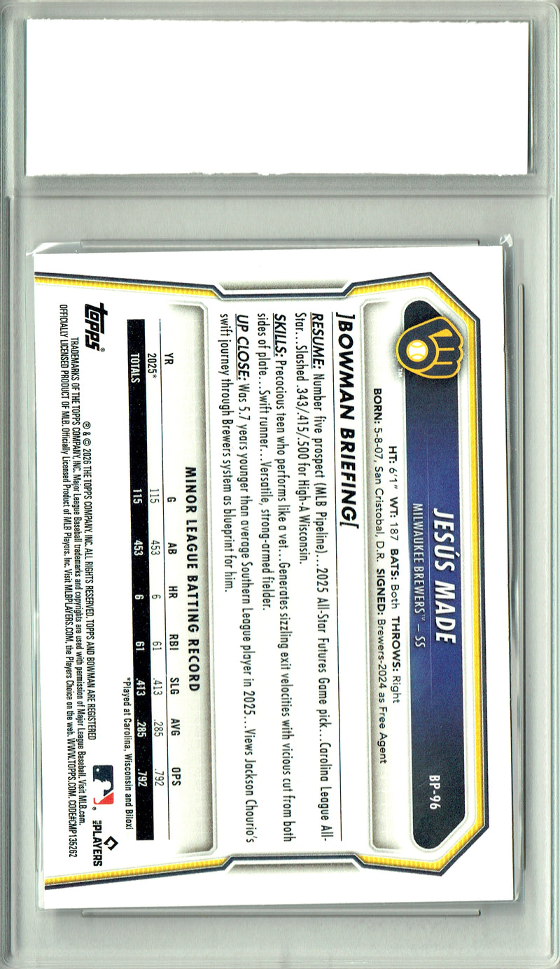 Jesus Made Rookie Card 2026 Bowman #BP-96, Certified Mint+ Condition, Milwaukee Brewers Baseball