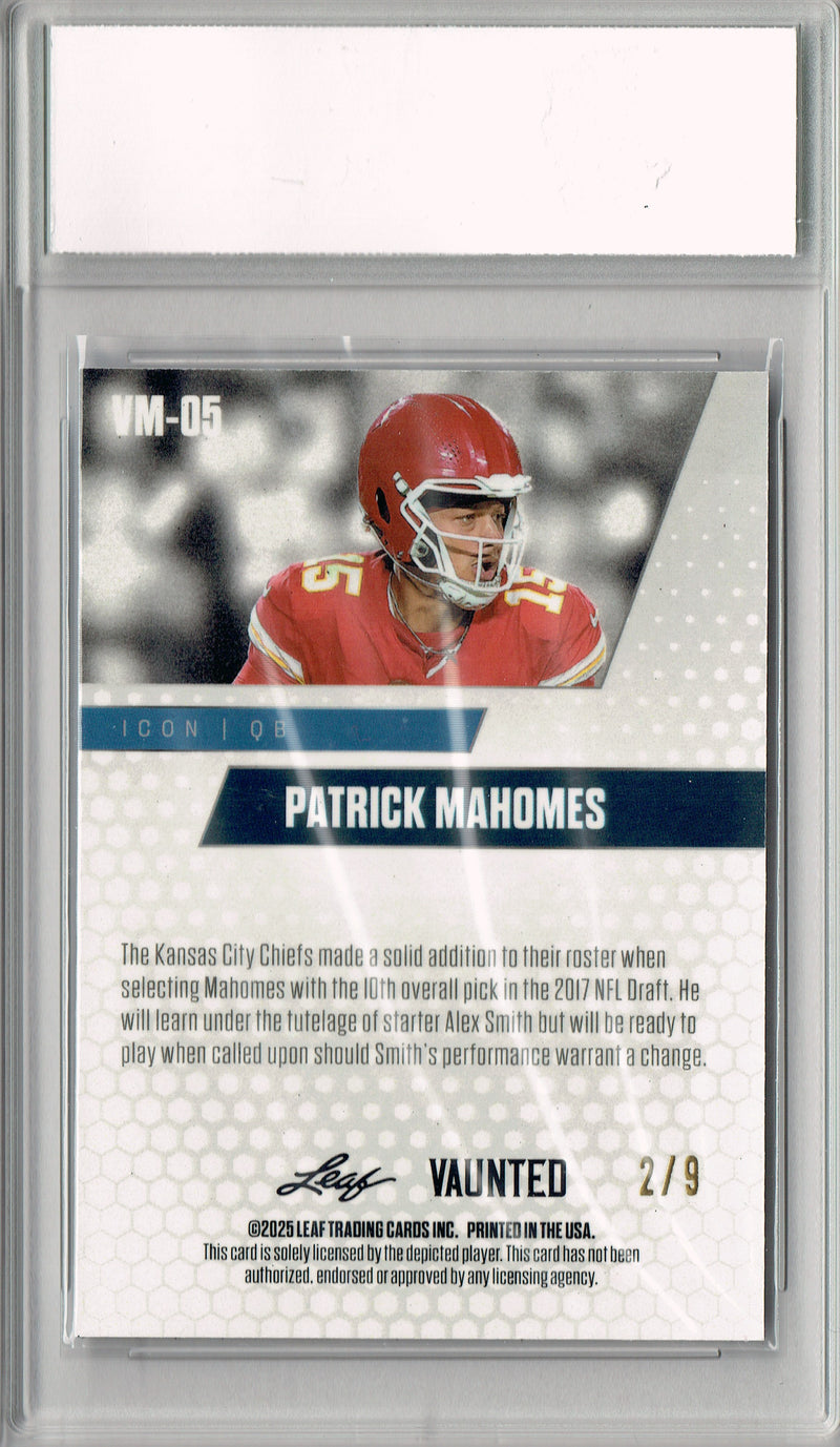 Patrick Mahomes Trading Card Kansas City PGI 10 Football Card 2025 Leaf Vaunted Metal #VM-05 Blue 9 Made