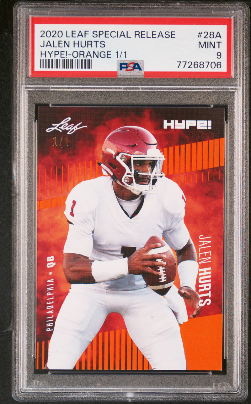 Jalen Hurts Rookie Card Philadelphia PSA MINT 9 (Mint) Football Trading Card 2020 Leaf HYPE! #28A Hype!-Orange 1/1