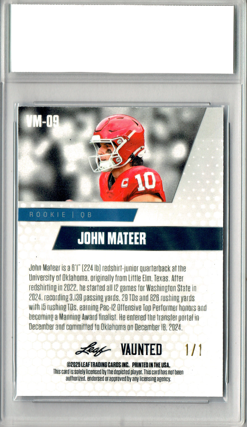John Mateer Rookie Card 2025 Leaf Vaunted #VM-09 1/1 White Shimmer, PGI 10, Oklahoma Sooner