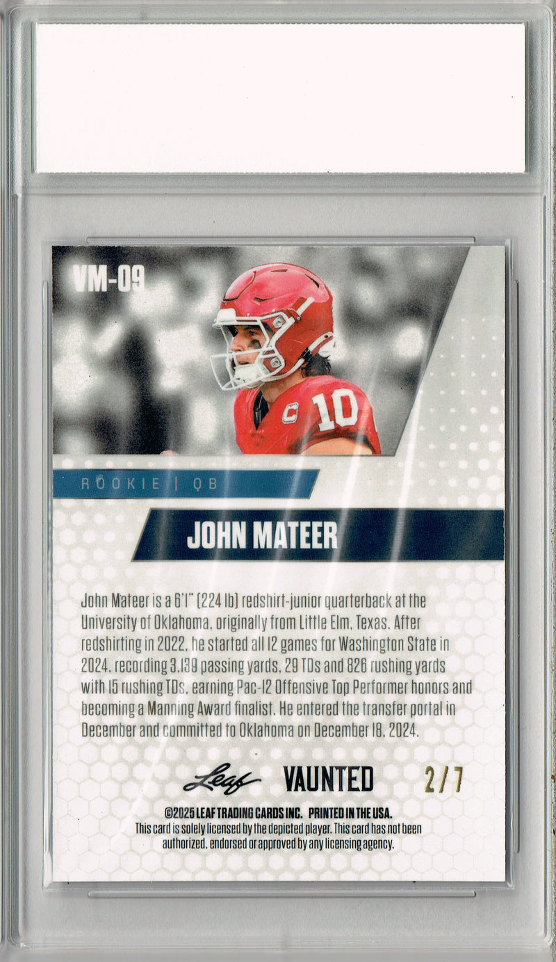 John Mateer Rookie Card Oklahoma Football Trading Card 2025 Leaf Vaunted Metal #VM-09 Black 7 Made  Certified Mint+