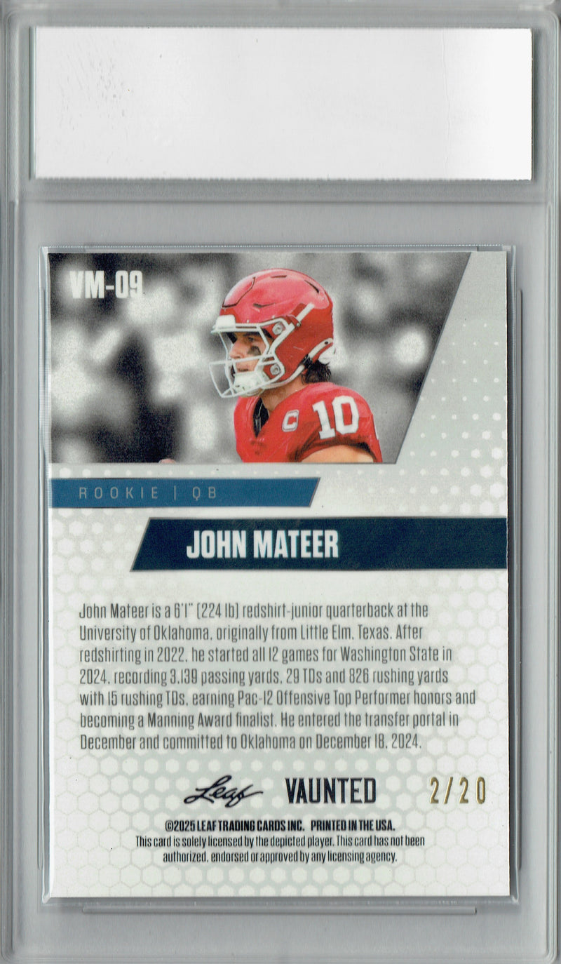 John Mateer Rookie Card Oklahoma PGI 10 Football Trading Card 2025 Leaf Vaunted Metal #VM-09 Blue 20 Made