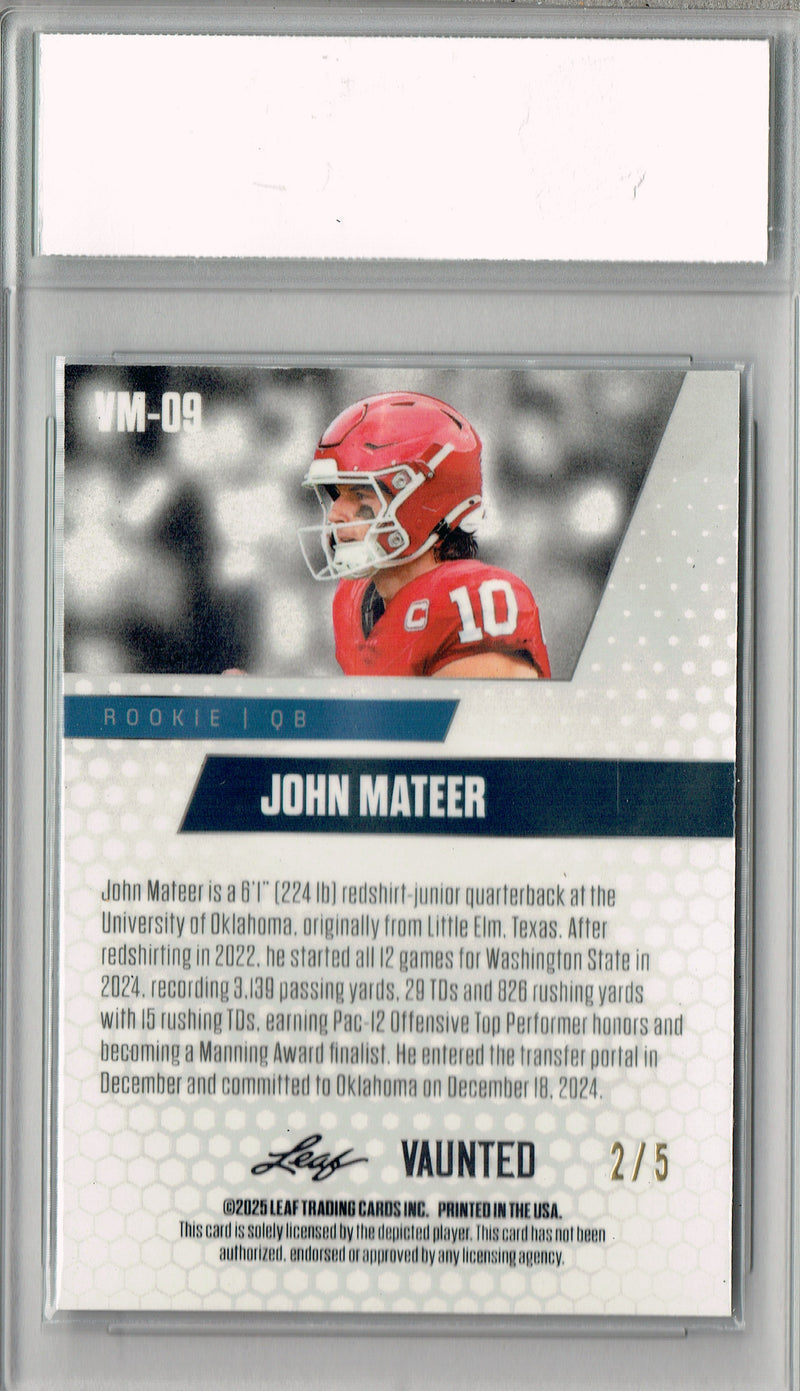 John Mateer Rookie Card Oklahoma Football Trading Card 2025 Leaf Vaunted Metal #VM-09 Green 5 Made  Certified Mint+