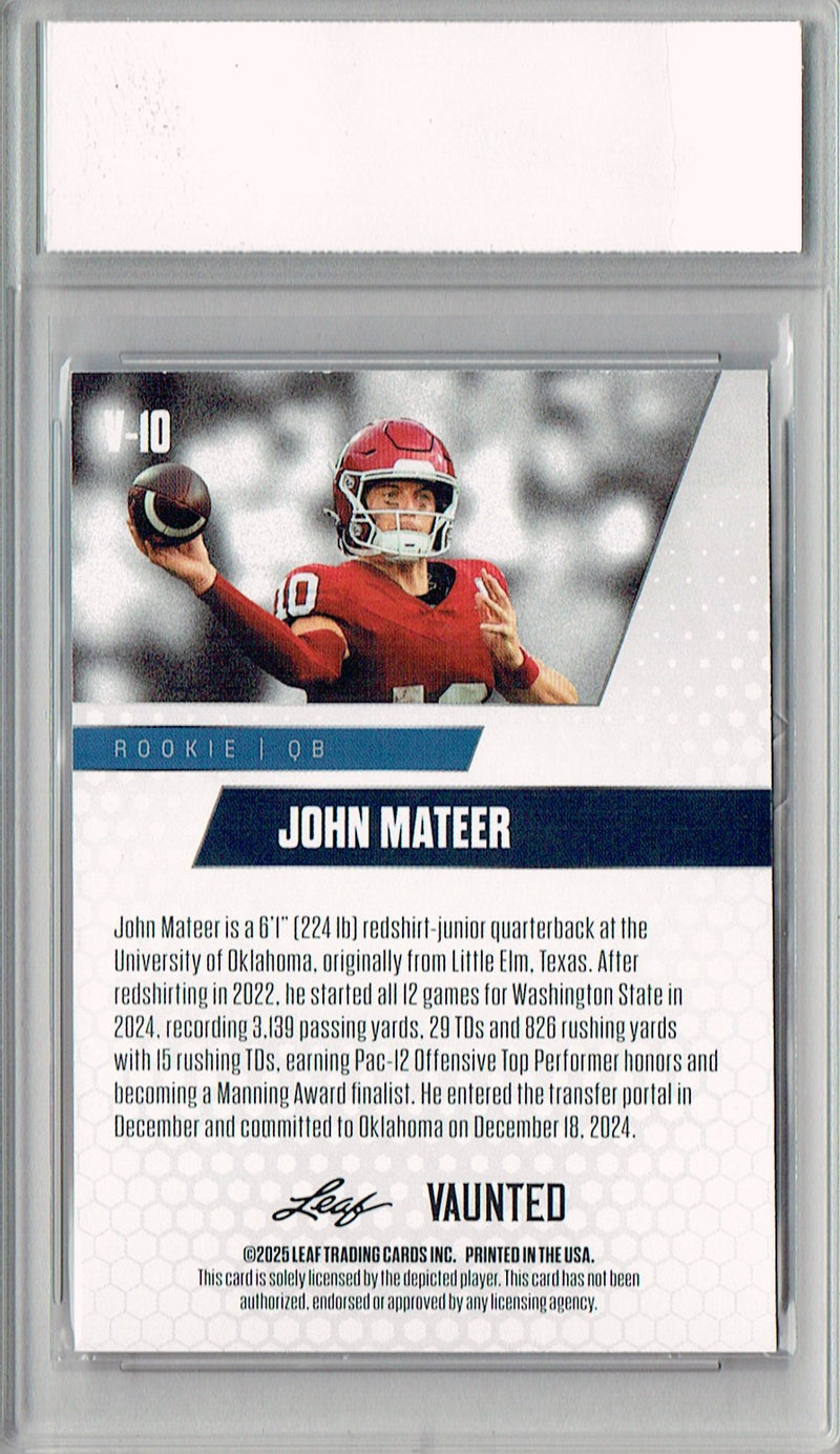 John Mateer Rookie Card Oklahoma PGI 10 Football Trading Card 2025 Leaf Vaunted #V-10 Gold Shimmer 1/1
