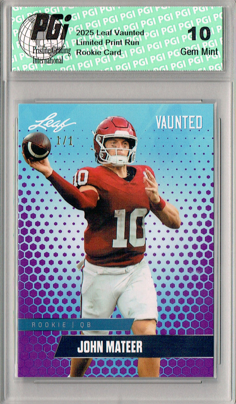 John Mateer Rookie Card Oklahoma PGI 10 Football Trading Card 2025 Leaf Vaunted #V-10 Purple Blank Back 1/1