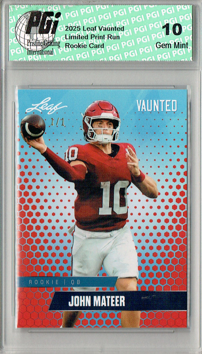 John Mateer Rookie Card Oklahoma PGI 10 Football Trading Card 2025 Leaf Vaunted #V-10 Red Blank Back 1/1
