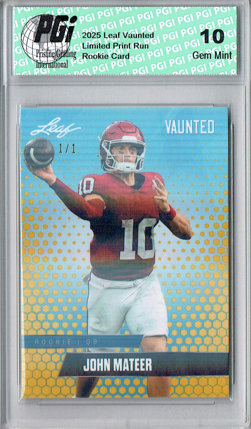 John Mateer Rookie Card Oklahoma PGI 10 Football Trading Card 2025 Leaf Vaunted #V-10 Gold Shimmer 1/1