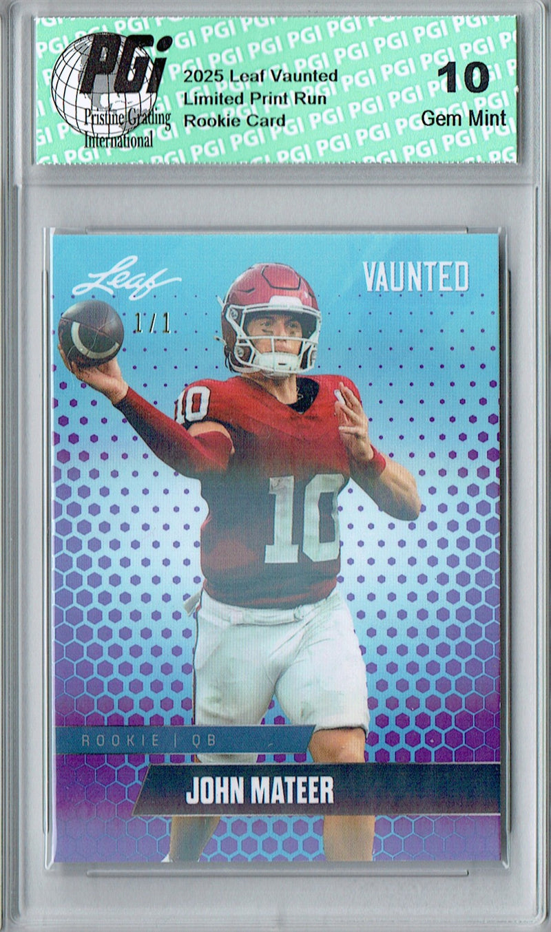 John Mateer Rookie Card Oklahoma PGI 10 Football Trading Card 2025 Leaf Vaunted #V-10 Purple Shimmer 1/1