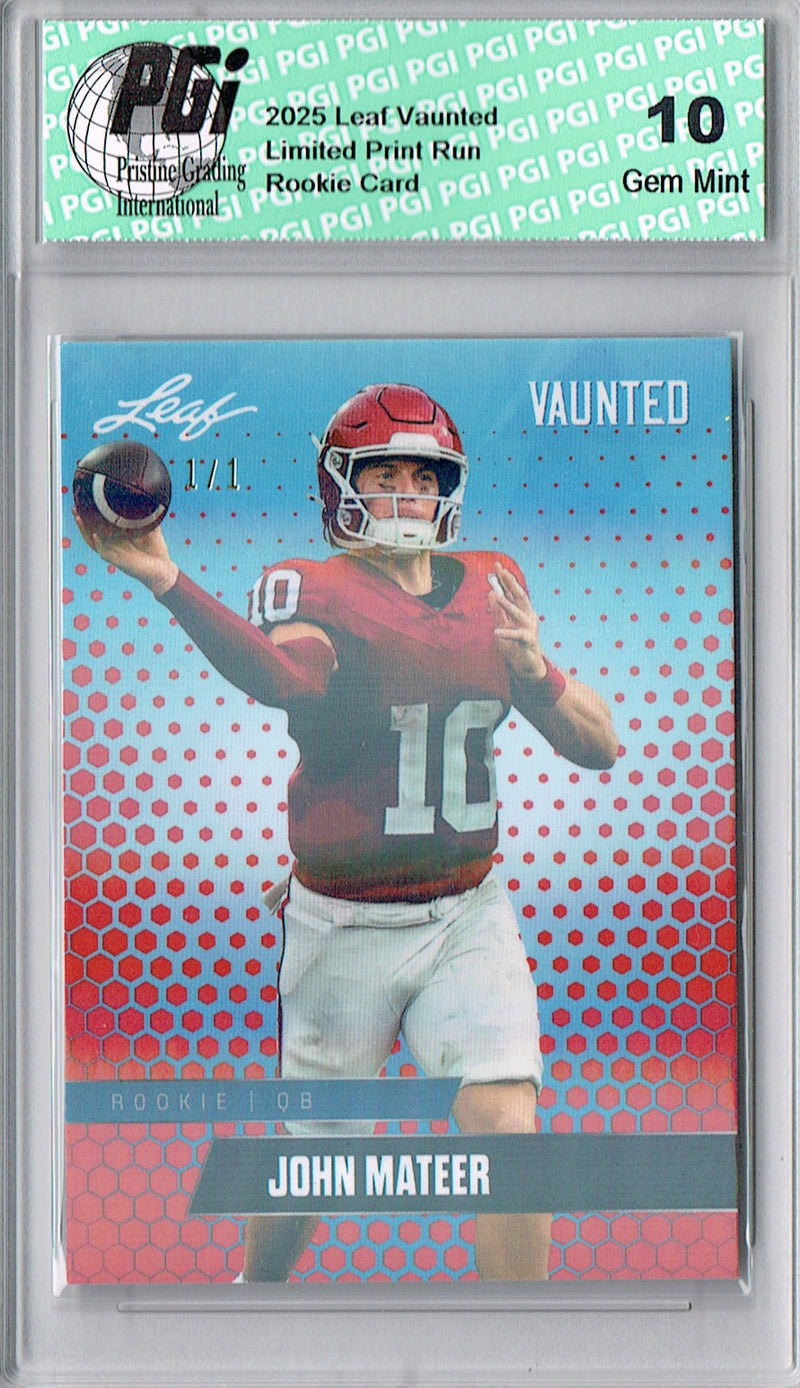 John Mateer Rookie Card Oklahoma PGI 10 Football Trading Card 2025 Leaf Vaunted #V-10 Red Shimmer 1/1