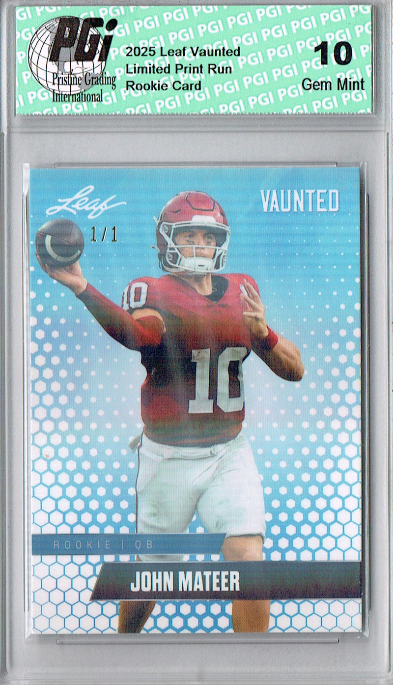 John Mateer Rookie Card Oklahoma PGI 10 Football Trading Card 2025 Leaf Vaunted #V-10 White Shimmer 1/1