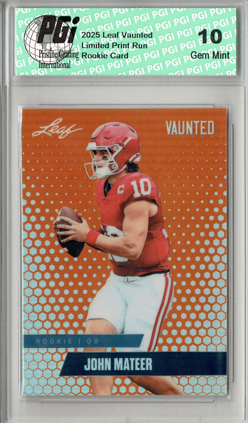 John Mateer Rookie Card Oklahoma PGI 10 Football Trading Card 2025 Leaf Vaunted Metal #VM-09 Orange 3 Made