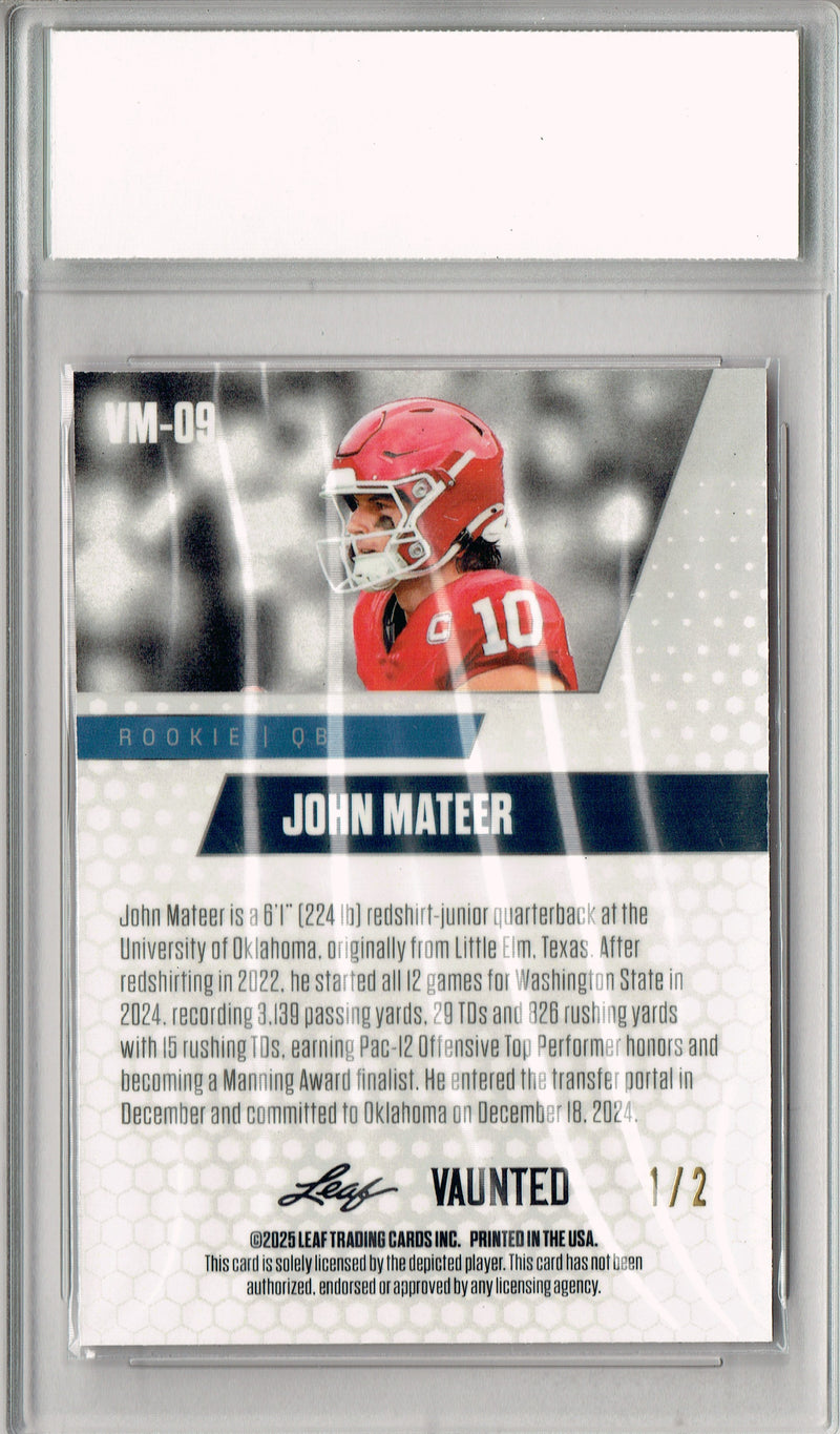 John Mateer Rookie Card Oklahoma PGI 10 Football Trading Card 2025 Leaf Vaunted Metal #VM-09 Red 2 Made