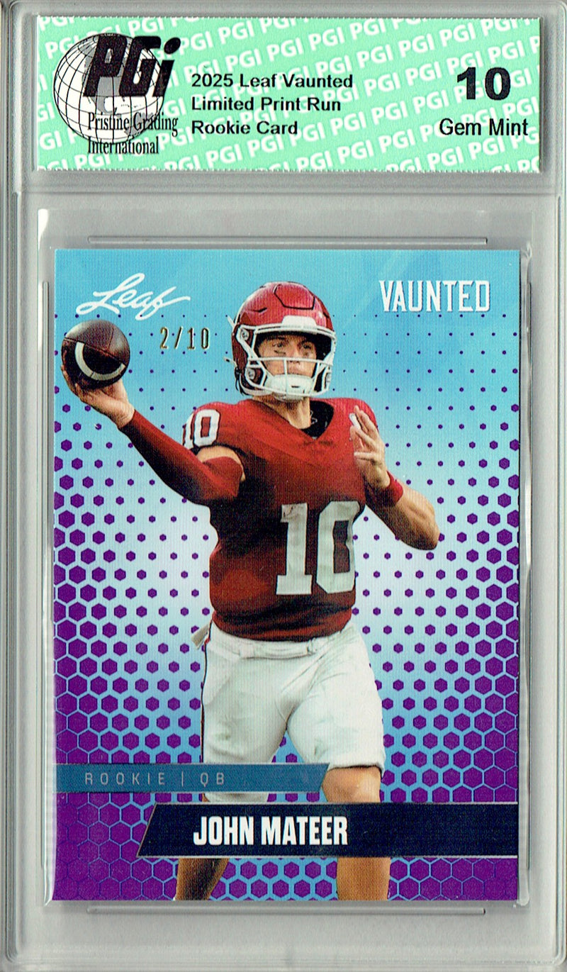 John Mateer Rookie Card Oklahoma PGI 10 Football Trading Card 2025 Leaf Vaunted #V-10 Purple 10 Made