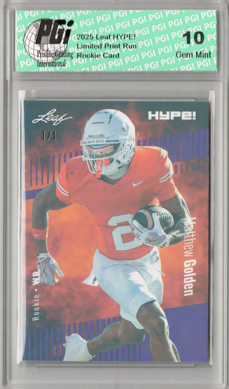 Matthew Golden Rookie Card Green Bay PGI 10 Football Trading Card 2025 Leaf HYPE! #186 Purple Shimmer 1/1