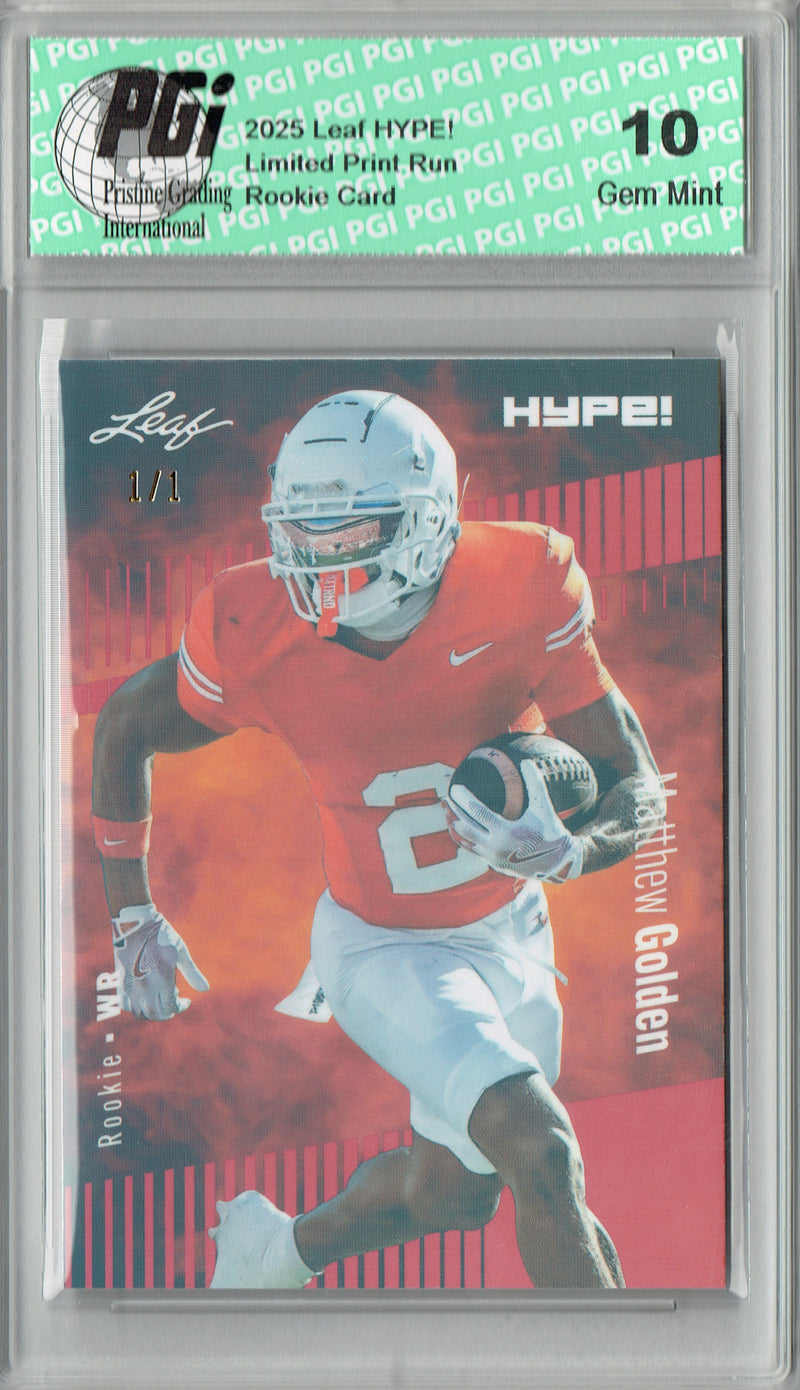 Matthew Golden Rookie Card Green Bay PGI 10 Football Trading Card 2025 Leaf HYPE! #186 Red Shimmer 1/1