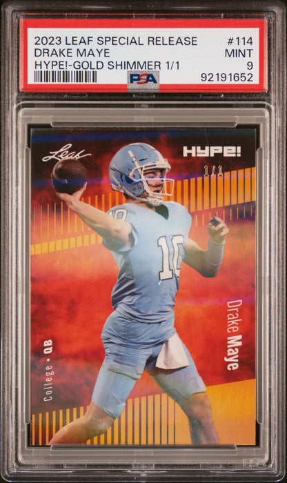 PSA 9 Drake Maye 2023 Leaf Hype! #114 Gold Shimmer 1/1 Rookie Card