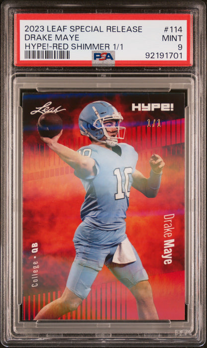 PSA 9 Drake Maye 2023 Leaf Hype! #114 Red Shimmer 1/1 Rookie Card