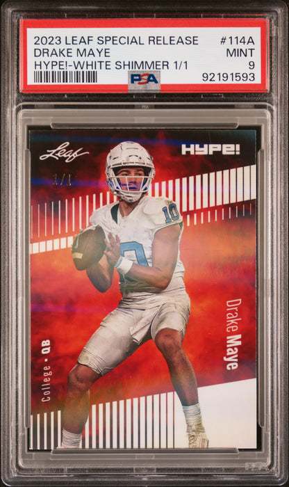 PSA 9 Drake Maye 2023 Leaf Hype! #114A White Shimmer 1/1 Rookie Card