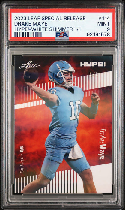 PSA 9 Drake Maye 2023 Leaf Hype! #114 White Shimmer 1/1 Rookie Card