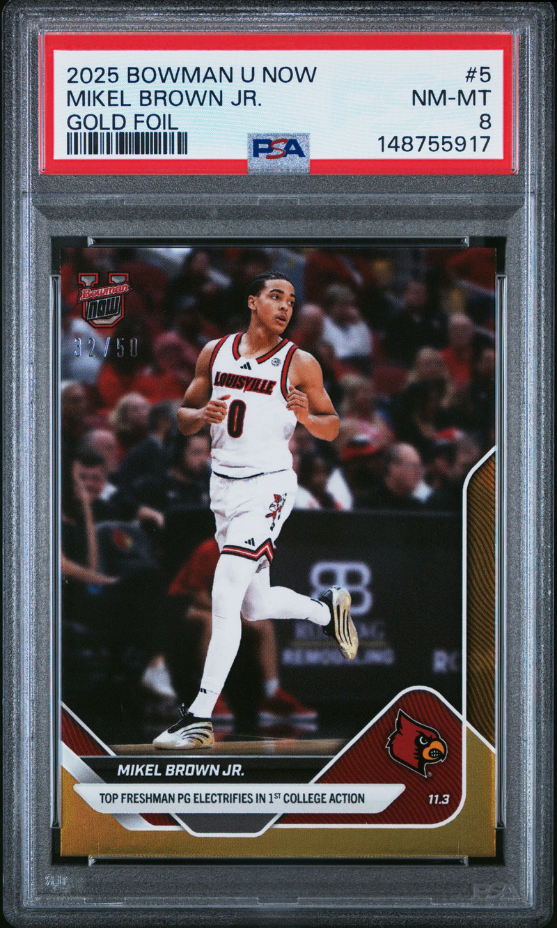 PSA 8 Mikel Brown Jr. 2025 Bowman University Now #5 Gold Foil 50 Made Rookie Card Louisvile