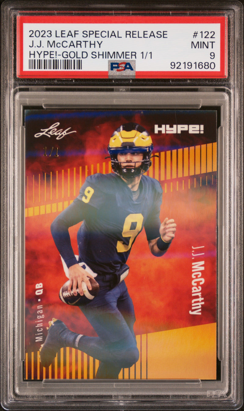 PSA 9 J.J. McCarthy 2023 Leaf HYPE #122 Gold Shimmer 1/1 Rookie Card Minnesota Vikings