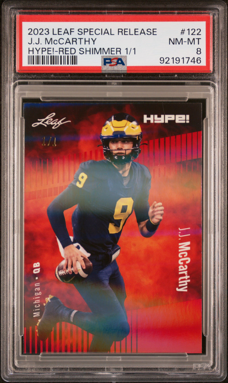 PSA 8 J.J. McCarthy 2023 Leaf HYPE #122 Red Shimmer 1/1 Rookie Card Minnesota Vikings