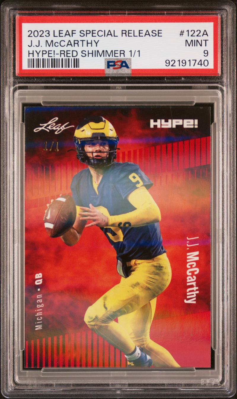 PSA 9 J.J. McCarthy 2023 Leaf HYPE #122A Red Shimmer 1/1 Rookie Card Minnesota Vikings